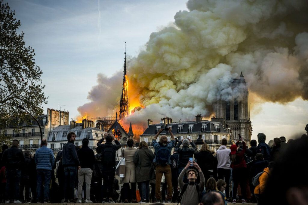 The Notre Dame Cathedral in Paris, just after being engulfed in flames on April 15th, 2019.