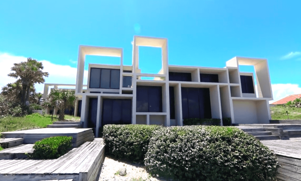 Exterior daytime shot of Paul Rudolph's iconic geometric Milam Residence 