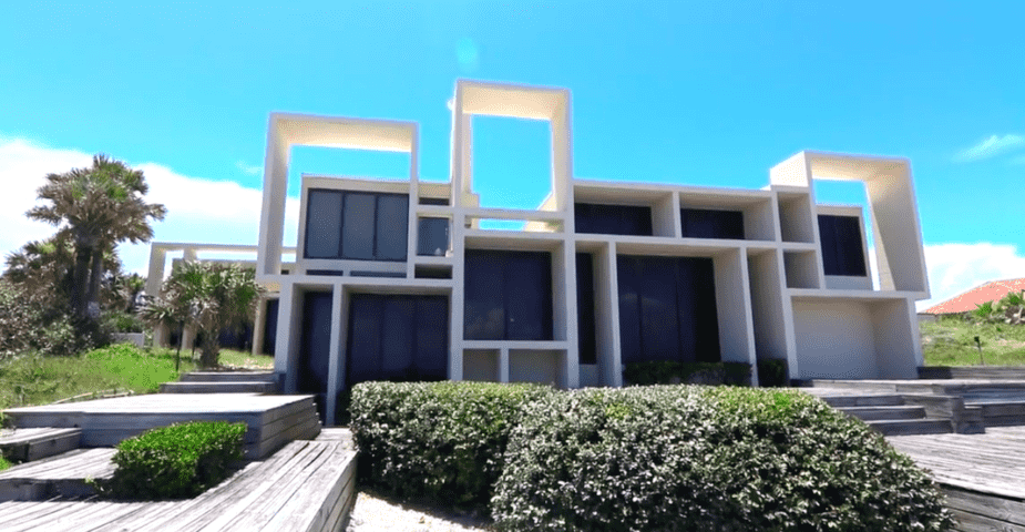 Exterior daytime shot of Paul Rudolph's iconic geometric Milam Residence