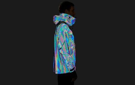 Vollebak's colorful black squid jacket, as seen with the lights off.