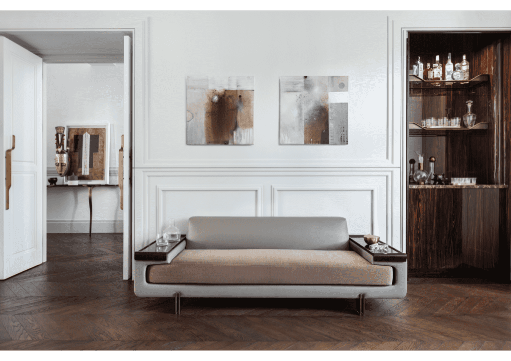 The Phalanx Loveseat and Tray, one of many "tradition refined" furniture pieces from Alexander Purcell Rodrigues' new "Atelier Purcell" brand.