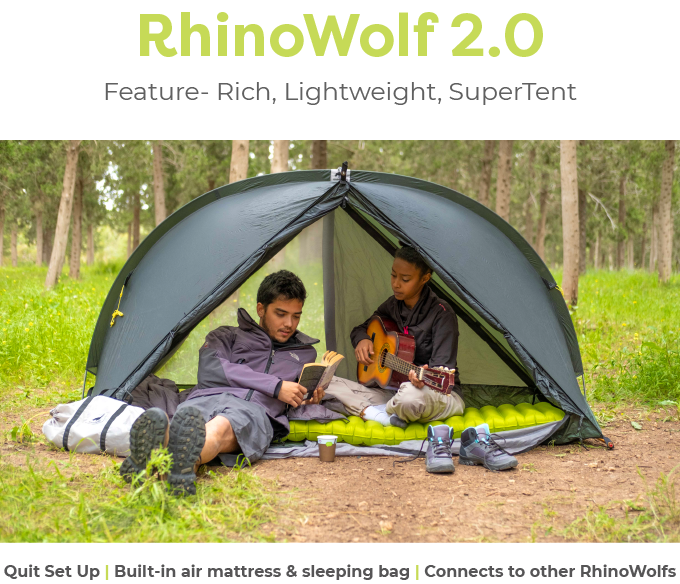 Promotional materials for the RhinoWolf 2.0 modular camping system.