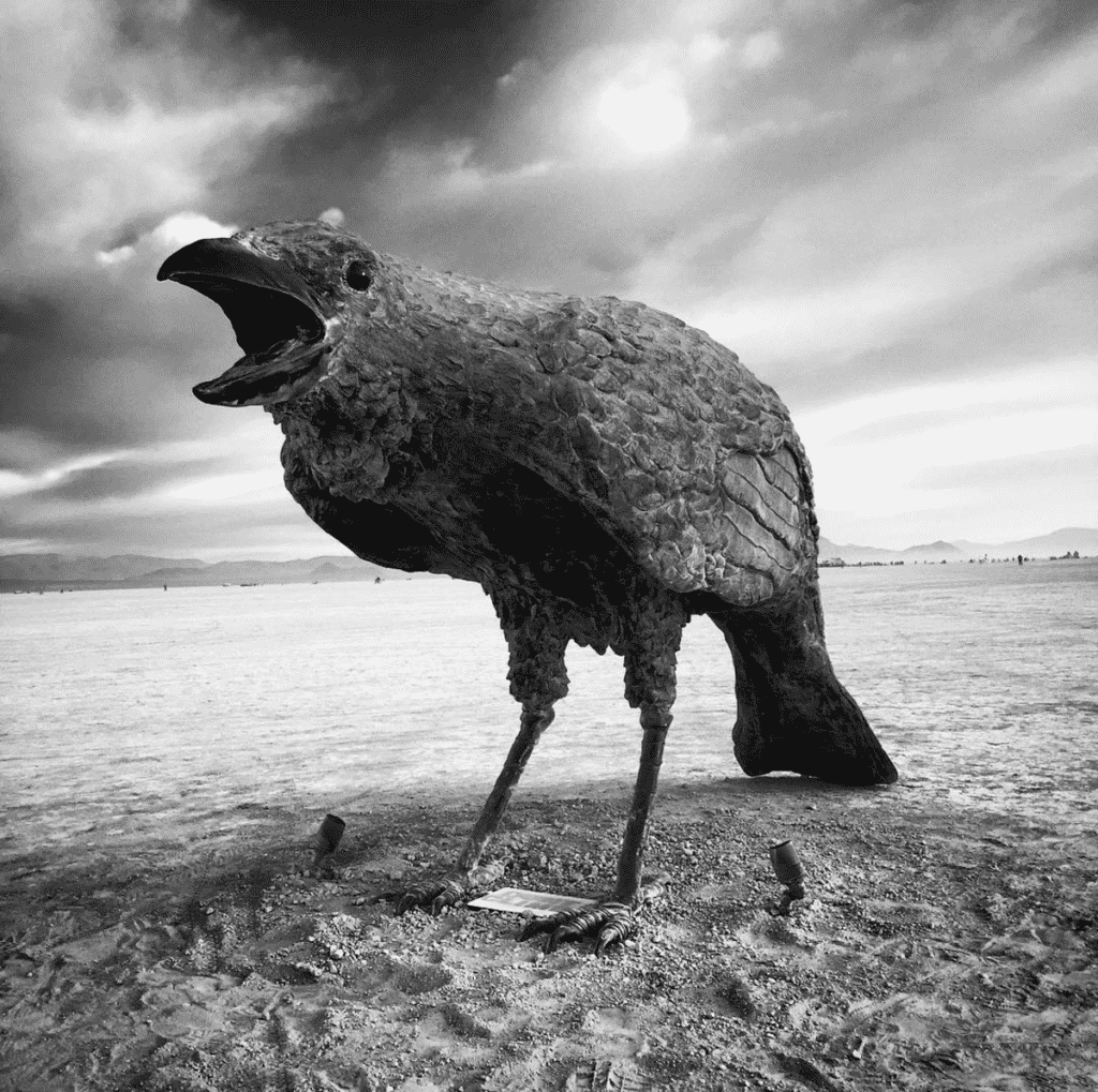 One of the giant crow sculptures featured in "Murder," a previous Burning Man installation by California artist Jack Champion.