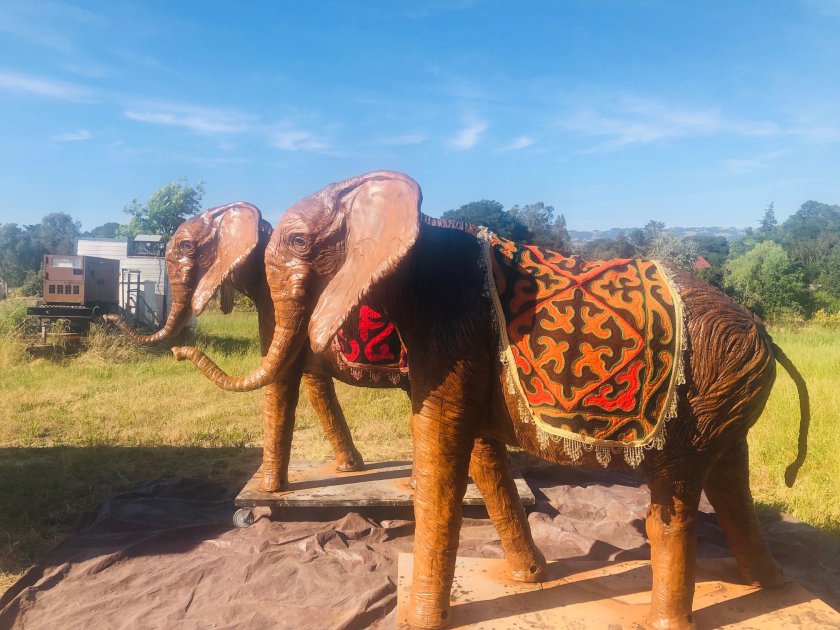 The two giant elephants Jack Champion was working on in tribute to Salvador Dalí for the 2019 Burning Man Festival.