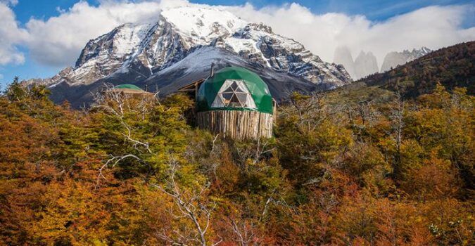 One of Patagonia EcoCamp's many geodesic dome lodgings.