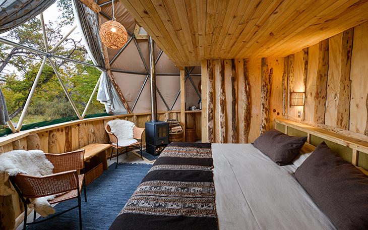 Inside one of Patagonia EcoCamp's geodesic dome lodgings.