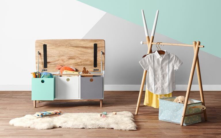 Swoon's Harri Storage Box and Avar Clothes Rack, as featured in the company's new "Little Creatives" kids furniture collection.