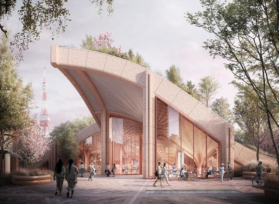 Computer renderings of Heatherwick Studio's new "planted pergola" building for Tokyo's Toranomon-Azabudai district