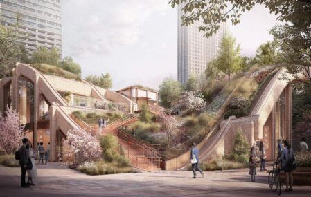 Computer renderings of Heatherwick Studio's new "planted pergola" building for Tokyo's Toranomon-Azabudai district