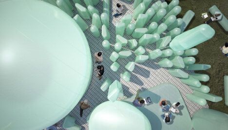 aerial view of green inflatable plastic shapes on a roof