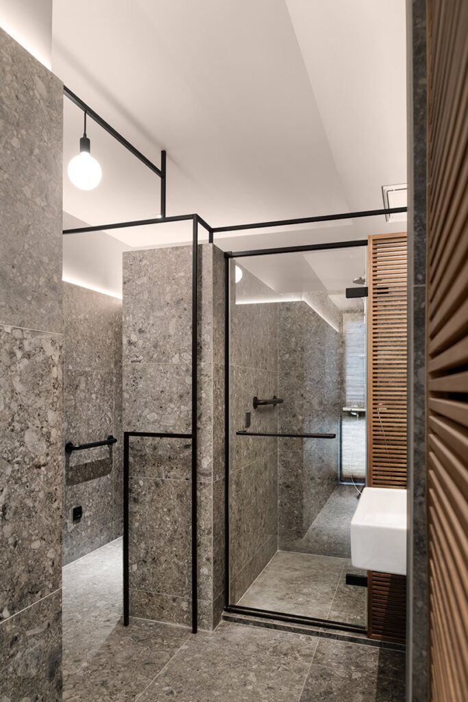 The sleek muted bathroom inside IS Architecture's new Beijing penthouse