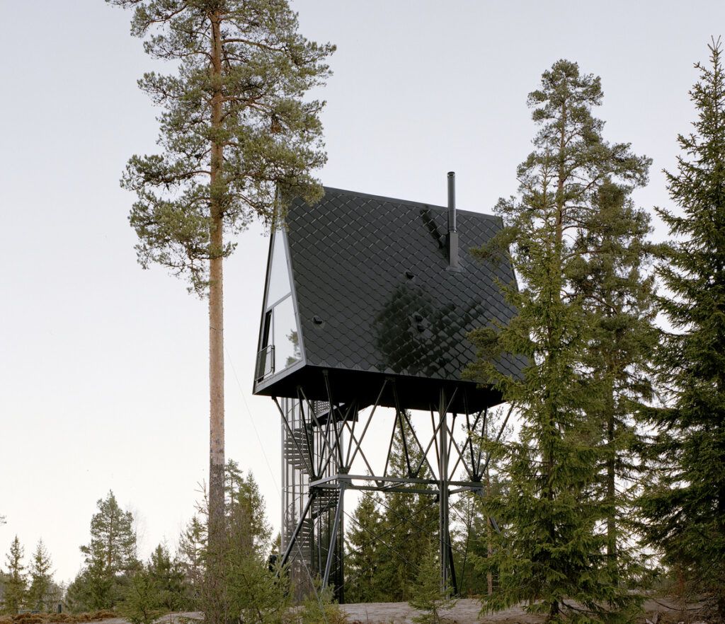 Exterior shot of the PAN-cabins, located high up in the Norwegian forests. 