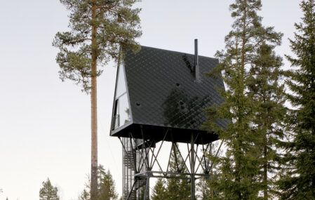 Exterior shot of the PAN-cabins, located high up in the Norwegian forests.